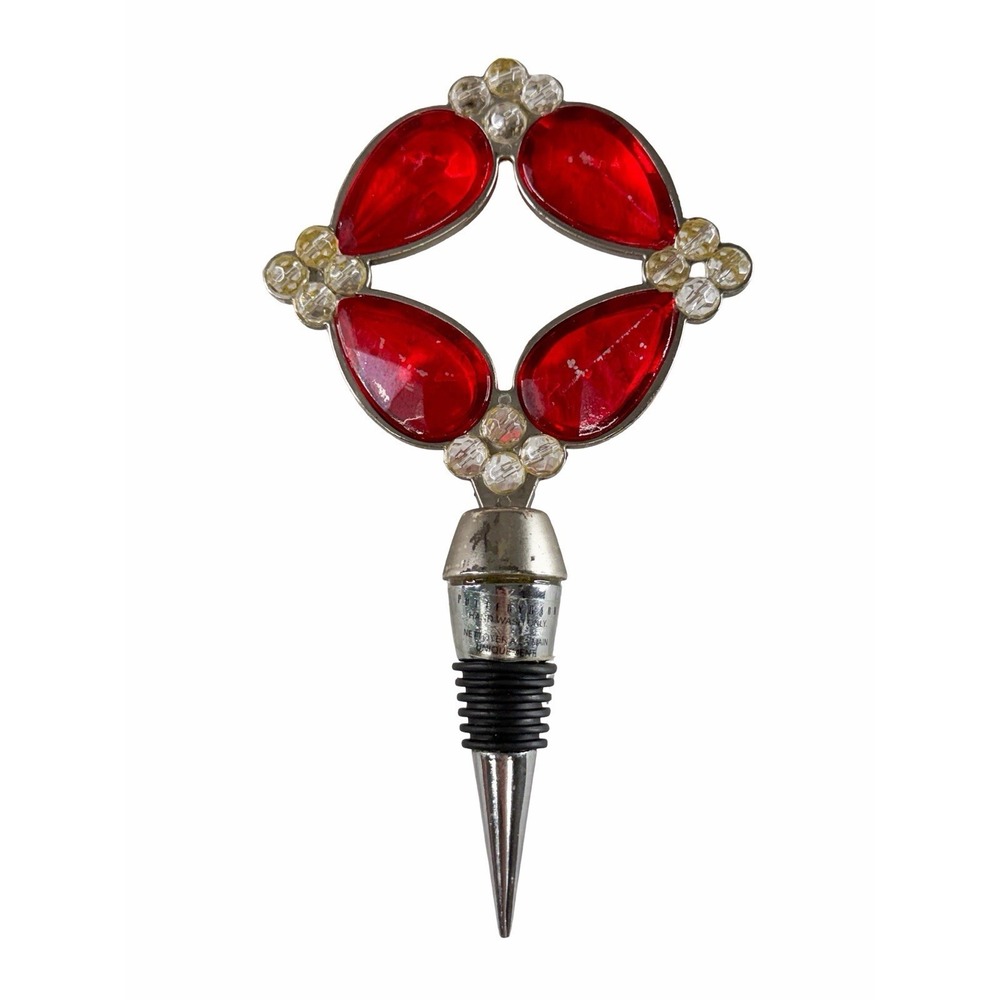 Pottery Barn Red Glass Jeweled Wine Bottle Stopper Rhinestone Holiday Decor Glam